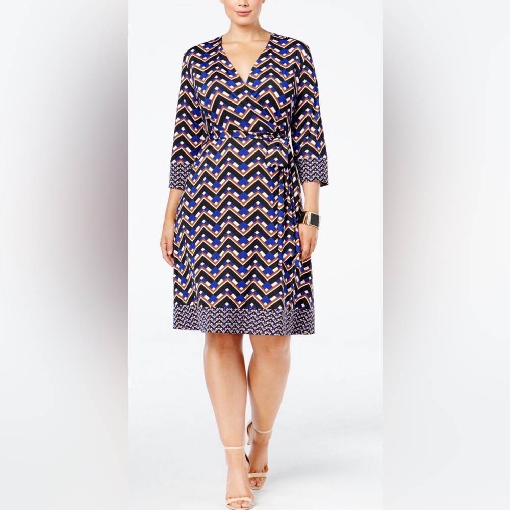 INC International Concepts Navy & Beige Chevron Wrap Dress Size L